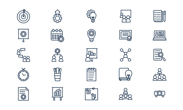 Workshop icon depicting learning session, collaborative training, and professional development in outline style
