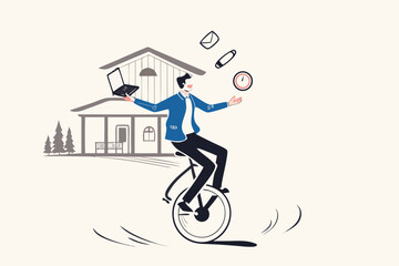 Productive master, productivity and project management skill, multitasking work and time management concept, skillful businessman riding unicycle juggling elements, laptop, calendar, ideas and emails. © Sector30