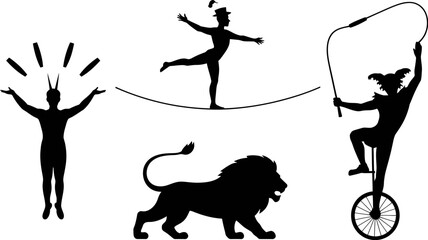 Circus performers silhouettes vector illustration featuring acrobat juggler lion and unicycle rider art editable stock vector illustration