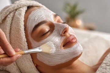 A serene woman receiving a facial mask treatment with a brush in a spa, skin care, rejuvenation, and beauty session, promoting wellness and relaxation for radiant skin.