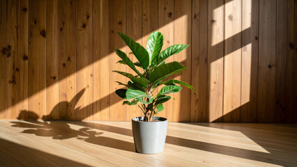 Green potted plant against vertical wood panel background, modern indoor houseplant decor with natural textures, minimalist interior styling with warm wooden backdrop and fresh greenery