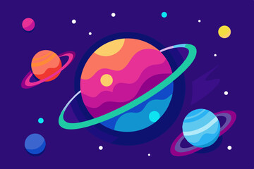Vibrant Flat Vector Space Illustration with Colorful Planets, Rings, and Starry Purple Background © amenagraphics