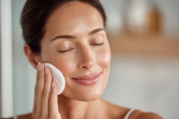 Beautiful mature woman cleansing her face with cotton pad and smiling gently, closed eyes, enjoying her skincare routine at home, wellness and self-care.