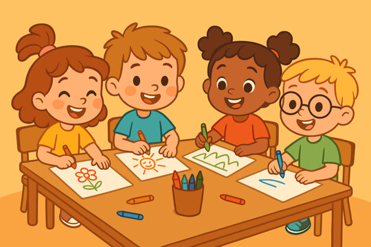 Happy diverse children drawing with crayons in preschool. Group of multicultural kids in kindergarten art class. Creative activity and early education concept vector illustration.