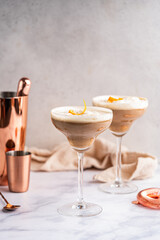Chocolate Truffle Martini glass or espresso Martini Cocktail based on coffee, liqueur and vodka. Alcoholic drink. Space for text. High quality photo