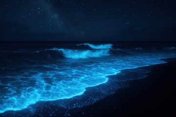 Bioluminescent ocean waves with glowing plankton creating magical blue light phenomenon