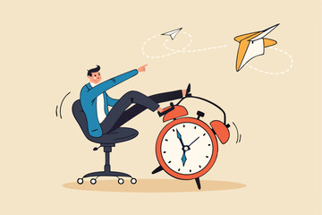 Productivity and efficiency in work, procrastination or time management or project deadline, best performance employee concept, smart relax businessman sitting on alarm clock launching paper airplane.