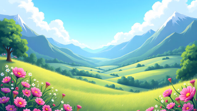 A beautiful landscape with flowers and mountains