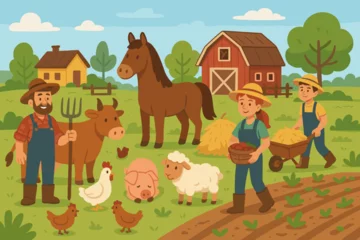 Fototapete Rund Cartoon farm life scene with a farmer family and cute animals. Vector illustration of a rural agriculture landscape with a red barn, horse, cow, pig, and sheep for children. © Fabian