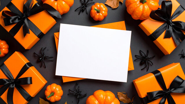 Halloween party invitation flatlay with orange and black accents, spooky decorative elements including bats, pumpkins, and candles arranged on dark tabletop, seasonal celebration concept for event pro