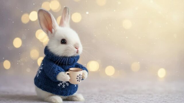 Adorable White Bunny in Blue Sweater Holding a Mug - A cute white rabbit wearing a blue knitted sweater with snowflake patterns sits on a snowy surface