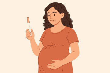 Happy pregnant woman holding positive pregnancy test, confirming motherhood. Smiling future mother expecting a baby, touching her belly. Maternity, fertility, and new life concept.