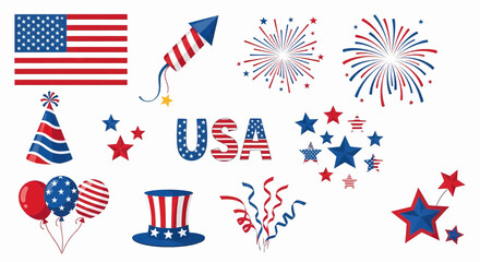 Obraz premium High-quality vector illustrations featuring American flags, firework rockets and bursts, party hats, 