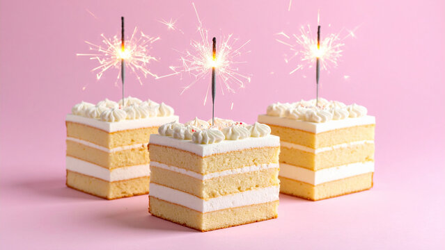 Layered vanilla birthday cakes with sparkler candles on pink background, festive dessert scene with soft pastel tones, perfect for birthday party invitations, celebration themes, baking blogs, and swe