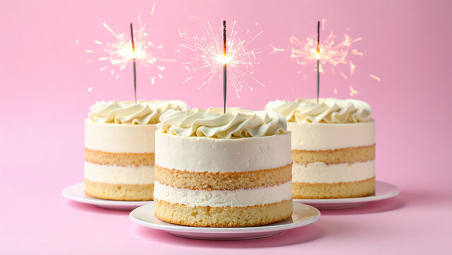 Layered vanilla birthday cakes with sparkler candles on pink background, festive dessert scene with soft pastel tones, perfect for birthday party invitations, celebration themes, baking blogs, and swe