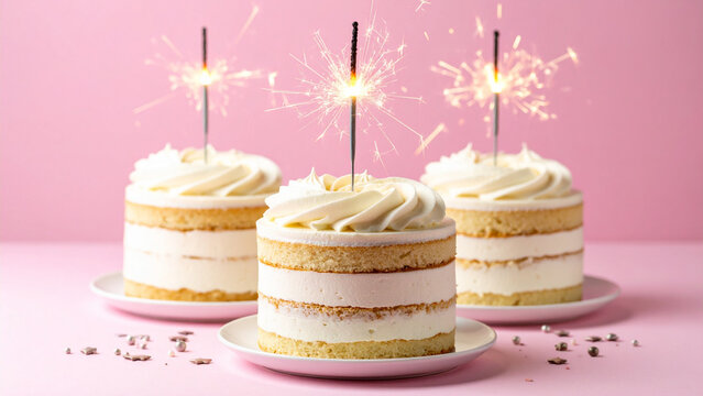 Layered vanilla birthday cakes with sparkler candles on pink background, festive dessert scene with soft pastel tones, perfect for birthday party invitations, celebration themes, baking blogs, and swe