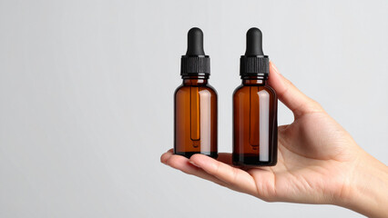Hand holding amber glass dropper bottle against grey background, minimalist skincare packaging mockup for cosmetic serum, essential oils, beauty product branding, and natural wellness marketing visual