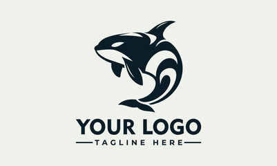 Dynamic black and white illustration of a powerful orca whale leaping energetically above stylized ocean waves. Marine life concept
