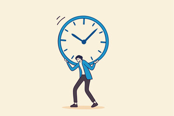 Time management failure, freedom to spend time with family and loved one, overworked or office worker routine work overtime concept, depressed businessman salary man carry heavy big clock burden.
