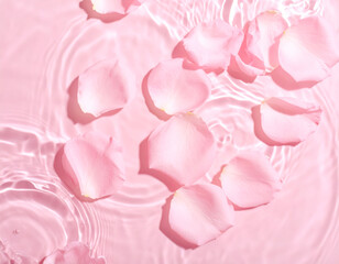 ピンクの水面に浮かぶバラの花びらの背景素材