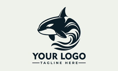 Dynamic black and white illustration of a powerful orca whale leaping energetically above stylized ocean waves. Marine life concept