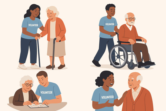 Volunteer character set helping elderly people. Young people caring for seniors. Social worker assistance for disabled old man in wheelchair and woman with cane. Community support concept.