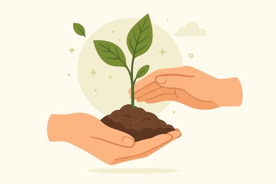 Hands nurturing a plant seedling growing in soil. Concept of new life, growth, and development. Metaphor for business startup, investment, environmental care, and sustainability. - Powered by Adobe