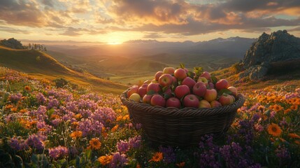 Basket of apples at sunset, mountain meadow