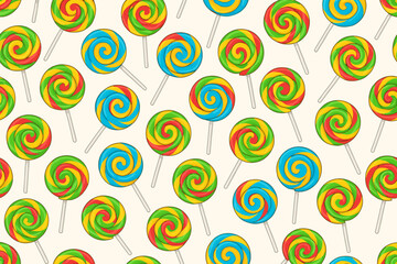 Seamless pattern with colorful lollipops. Cartoon vector background of sweet swirl candies on a stick. Cheerful illustration for kids party, fabric, wallpaper, and gift wrap.