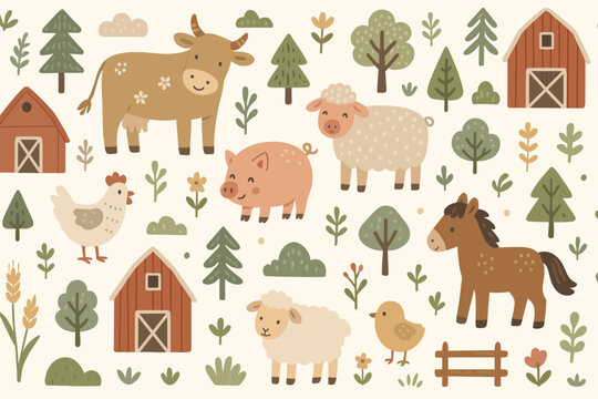 Fototapeta Cute Scandinavian farm animals pattern. Vector collection with cartoon cow, pig, sheep, horse, and barn. Rustic nursery illustration for kids. Boho baby decor background.