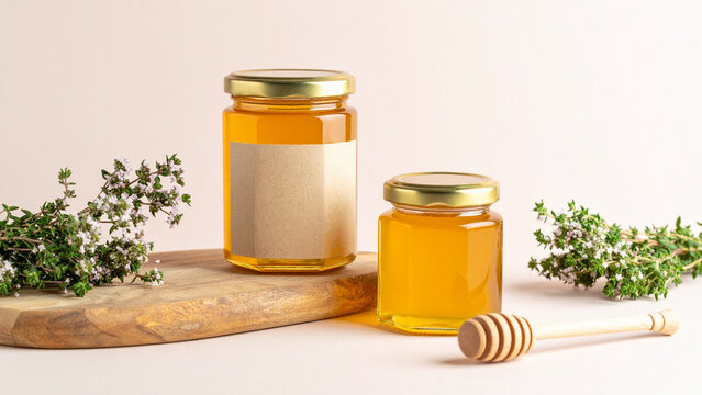 Honey jar mockup with kraft label and gold foil accents, luxury food packaging design template for organic honey branding, artisan product presentation, sustainable packaging visuals