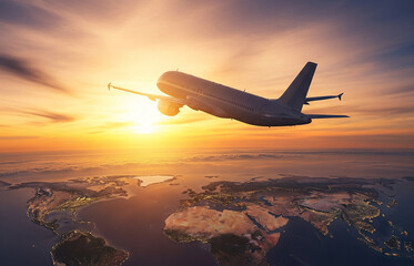 Passenger jet plane flies sun rise or sun set background. Flight takeoff or going up showing recovery or regain height in business.
