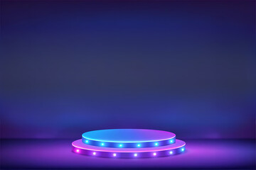Neon lit stage with empty space for product display presentation and advertisement