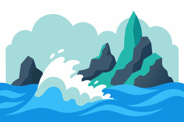Rocky seashore and crashing waves vector illustration