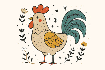 Whimsical rooster doodle in folk art style. Cute hand-drawn chicken character illustration. Farm bird vector with floral elements for nursery decor, kids print, or rustic design.