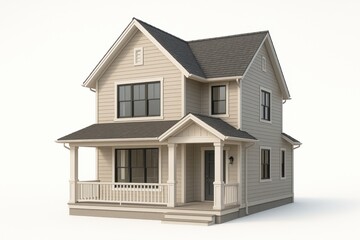 Detailed 3D Model of a Modern Two Story House with a Pitched Roof Large Windows and a Small Porch Isolated on a White Background Ideal for Real Estate and Architectural Visualization