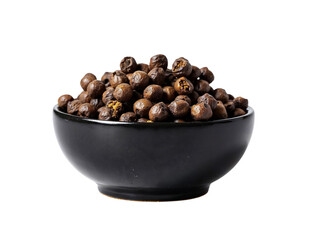 Obraz premium Black bowl of dried allspice berries isolated on transparent background