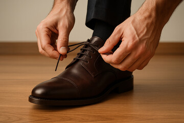 Hands Adjusting Laces of Premium Leather Shoes on Wooden Floor – High-End Footwear Product Shot for Fashion Branding and E-Commerce