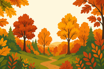 Colorful autumn forest landscape with a winding path. Vector illustration of a fall season park with orange and yellow trees. Scenic nature background for seasonal design.