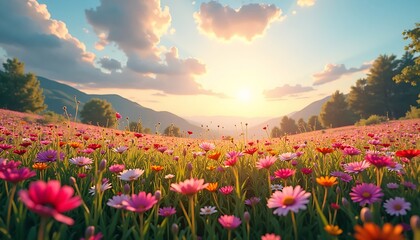 Fototapeta premium Field of Flowers at Sunset Serene Landscape with Mountains