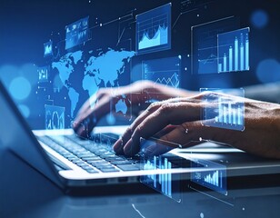 Close-Up of Hands Typing on Laptop with Floating Digital Graphs