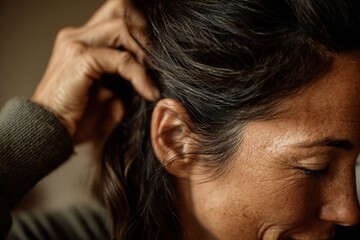 Fototapeta premium Close-up portrait of an elegant woman with dark hair, touching her head, showcasing natural beauty and expression with a warm, earthy and inviting tone.