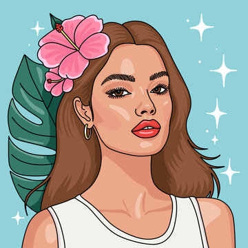 Portrait of a Woman with Long Brown Hair Brown Eyes, Pink Hibiscus Flowers and a monstera leaf in a Sparkly Light blue Background 