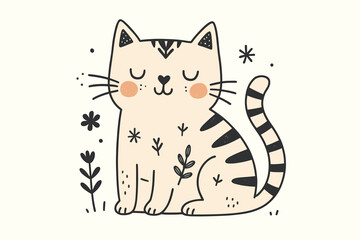 Cute cat in Scandinavian folk art style. Whimsical hand drawn doodle illustration of a kitten. Minimal vector animal character for kids nursery decor, baby shower, greeting card.