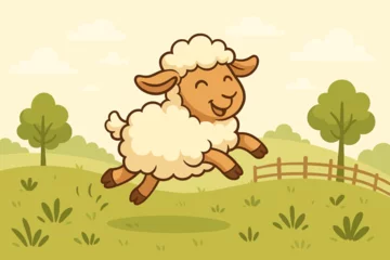 Fototapete Rund Cute cartoon sheep jumping on a green grass meadow. Happy lamb frolicking in a summer farm landscape. Joyful animal character vector illustration for kids. Cheerful countryside scene. © Mario