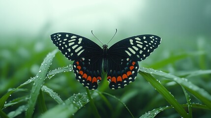 Obraz premium Black butterfly with red accents on dewy grass