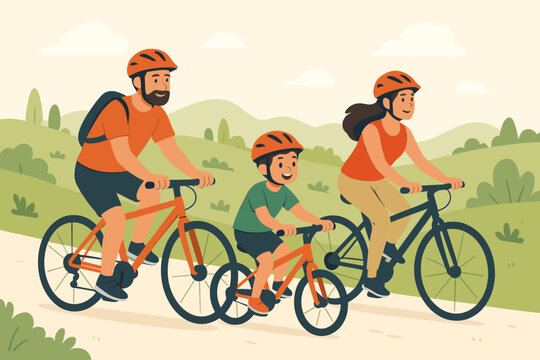 Family cycling adventure concept. Happy mother, father and son riding bikes in nature. Parents and child on a bicycle trip outdoors. Healthy active lifestyle and recreation.