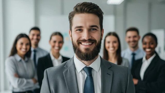 Confident Business Leader with Diverse Team - A smiling businessman stands proudly in front of his diverse team