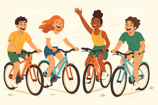 Diverse group of happy young friends riding bicycles. Multicultural team on a fun bike adventure. Cheerful people enjoying outdoor summer activity. Healthy active lifestyle concept.
