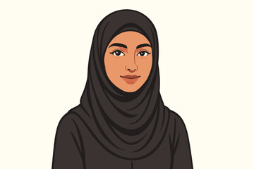 Beautiful Muslim woman portrait in black hijab vector illustration. Modern Arabic female person headshot. Young Islamic girl avatar. Concept for cultural diversity and empowerment.